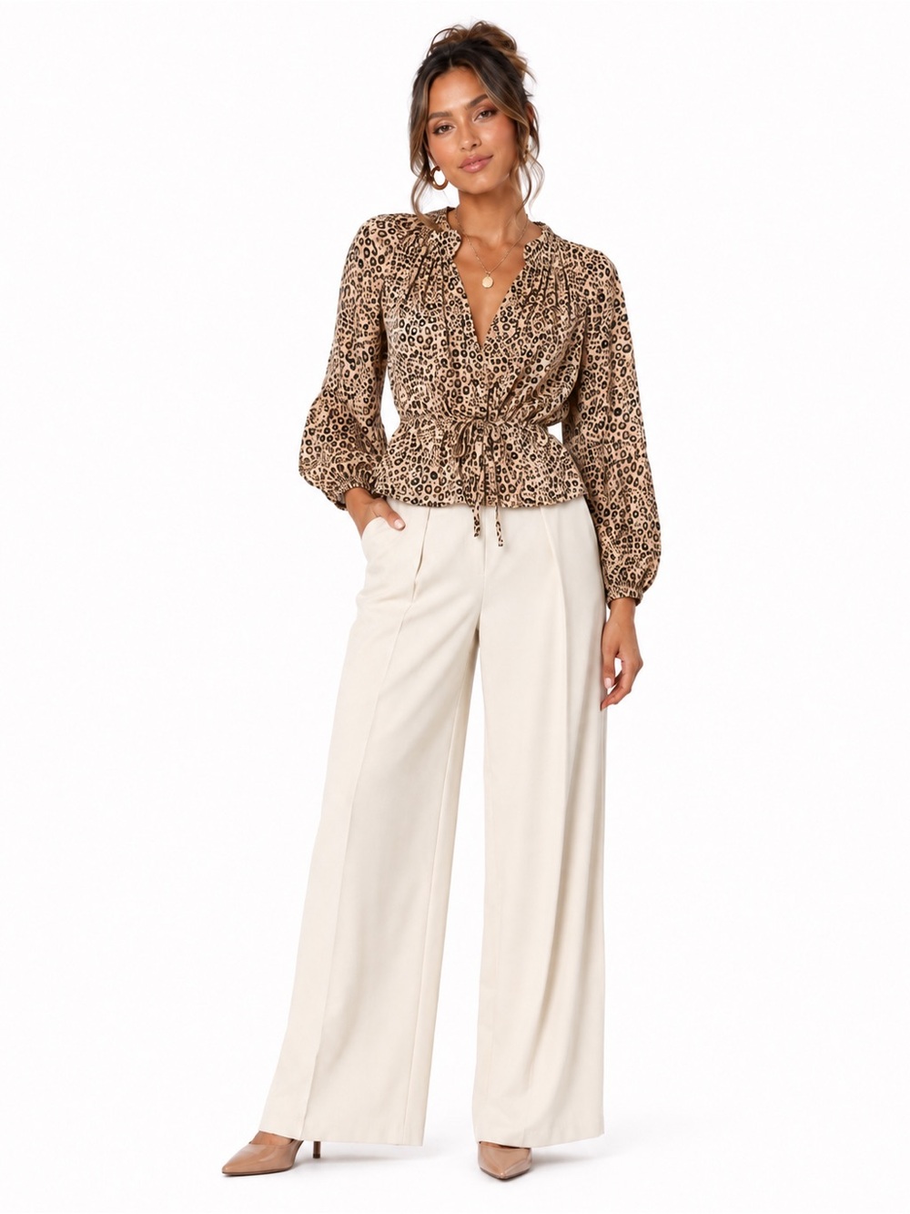 NWT Parker Leopard Print Tie Waist Peplum Blouse Long Sleeve Size M Office Chic